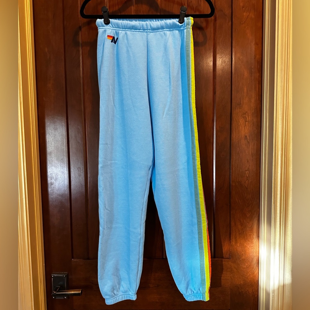 Aviator Nation Aqua Neon Stripe Jogger Sweatpants Size Small EXCELLENT CONDITION